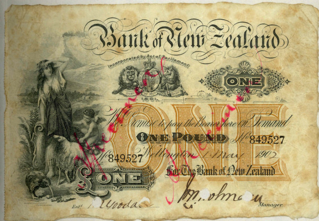 BNZ Bank Note no. 5 issue 1 pound obverse 1902