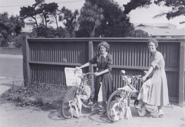 Invercargill Shirley Cruickshank and June Thomsens bikes decorated prior to their weddings 1959