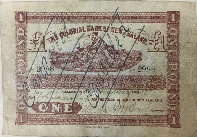 The Colonial Bank of NZ 1 pound bank note 1875