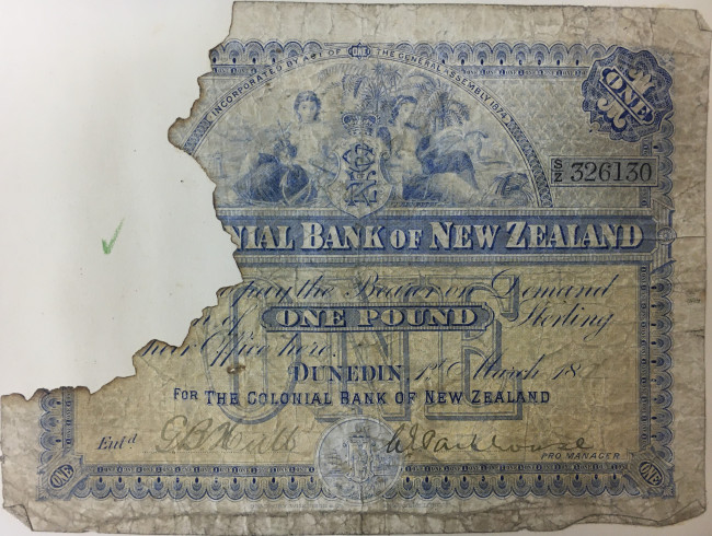 The Colonial Bank of NZ One pound note c1890